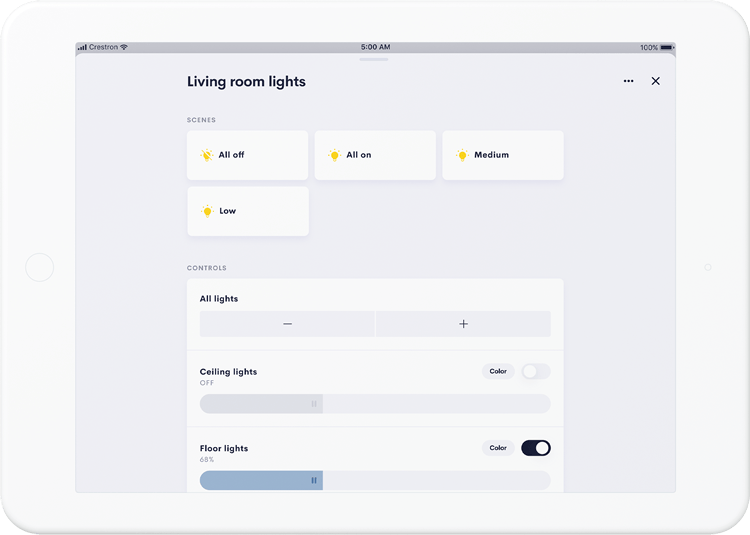 white touch panel with crestron home interface